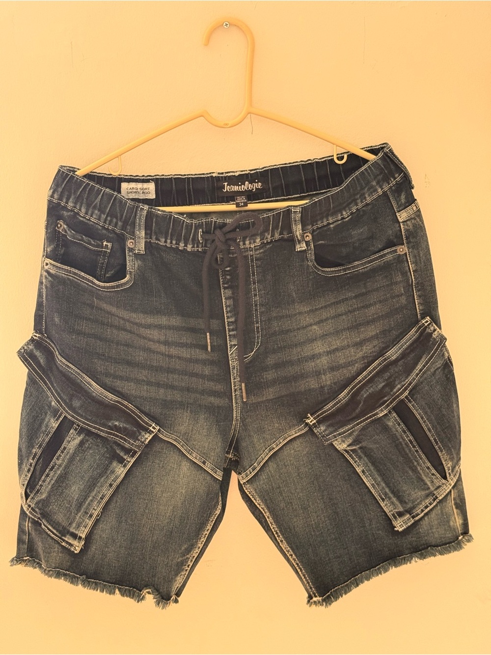 Jeaniologie Men's Denim Cargo Shorts 34 Blue Drawstring Raw Hem